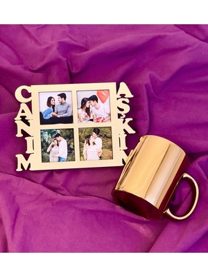Giftmoda Canım Aşkım 4 Fotoğraf Standlı Mdf Gold Çerçeve Ve Gold Kupa Set