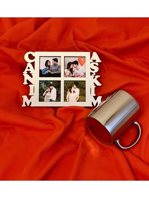 Giftmoda Canım Aşkım 4 Fotoğraf Standlı Mdf Gümüş Çerçeve Ve Gümüş Kupa Set