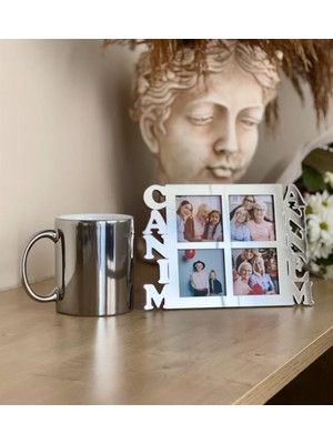 Canım Annem 4 Fotoğraf Standlı Mdf Gümüş Çerçeve ve Gümüş Kupa Set