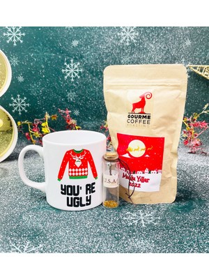 Giftmoda You're Ugly Tasarımlı Kupa Filtre Kahve Ve Dilek Şişesi Yılbaşı Seti