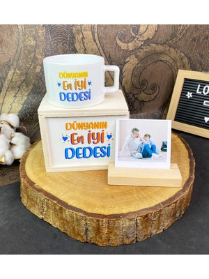 Dünyanın En Iyi Dedesi Tasarımlı Kutulu Kupa ve Ahşap Fotoğraf Tutucu Set