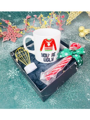 Giftmoda You're Ugly Tasarımlı Kupa Baston Şeker Ve Mini Balon Gece Lambası Yılbaşı Seti