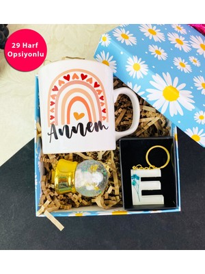 Giftmoda Çiçekli Epoksi Anahtarlık ve Gökkuşağı Anne Tasarımlı Kupa Set