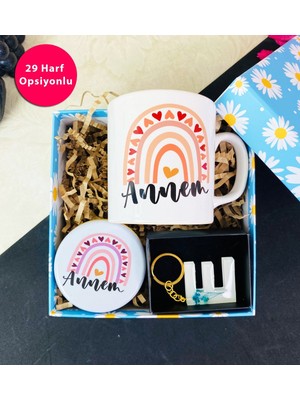 Giftmoda Çiçekli Epoksi Anahtarlık Ve Gökkuşağı Anne Tasarımlı Kupa Set