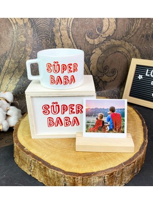 Süper Baba Tasarımlı Kutulu Kupa ve Ahşap Fotoğraf Tutucu Set