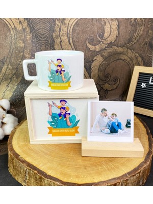 Babalar Günü Tasarımlı Kutulu Kupa ve Ahşap Fotoğraf Tutucu Set