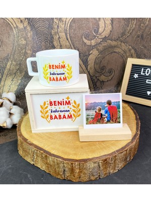Benim Kahraman Babam Tasarımlı Kutulu Kupa ve Ahşap Fotoğraf Tutucu Set