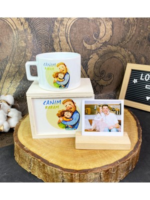 Canım Babam Tasarımlı Kutulu Kupa ve Ahşap Fotoğraf Tutucu Set