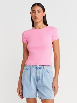 31750 Kontrast Kısa Kollu Tshirt-Pembe