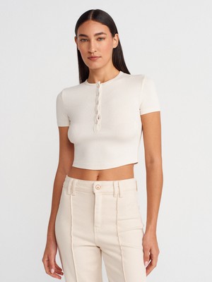 31647 Düğme Detaylı Crop Top-Taş