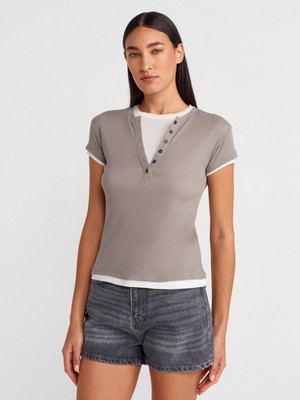 31783 Çift Katlı Düğmeli T-Shirt-Gri