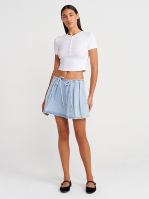 80585 Önü Fiyonklu Mini Denim Etek-Mavi