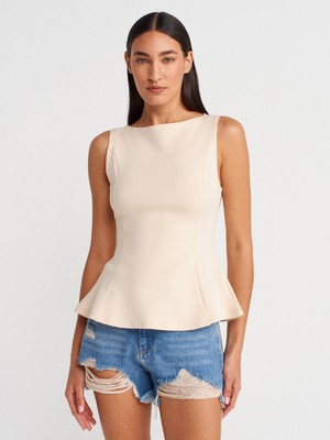 21001 Kayık Yaka Peplum Top-Taş