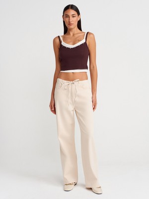 72013 Kemer Bölümü Ipli Pamuklu Denim Pantolon-Ekru