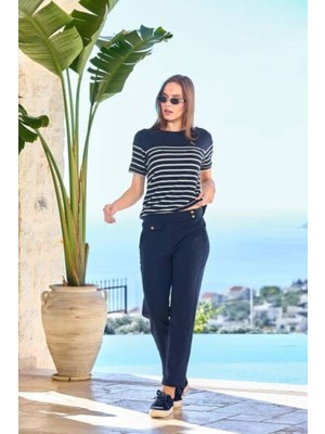 Cossy By Aqua 25819 Kadın Kısa Kol Çizgi Desen Büyük Beden Pamuklu Spor 2'li Takım