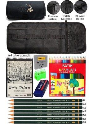 A4 Telli Eskiz Defteri Spiralli Rulo Kalemlik Siyah 24 Bölmeli 24 Renk Kuruboya Dereceli Kalem Hamur Silgi Resim Sanat