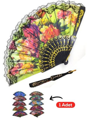 Dantel Kenarlı Renkli Çiçek Desenli Yelpaze