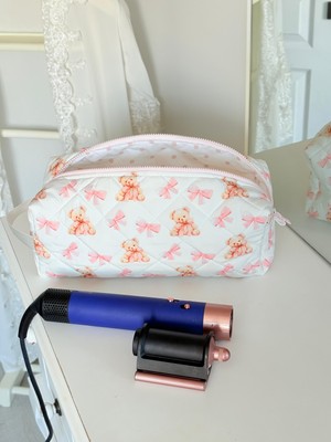 Baby Kangaroo Ayıcık ve Kurdele Desenli Suya Dayanıklı Kapitoneli Saç Şekillendirici Çantası, Airwrap ve Tüm Saç Şekillendiricilerine Uyumlu çanta,  Xl Boy Seyahat Çantası, Büyük Makyaj Çantası,