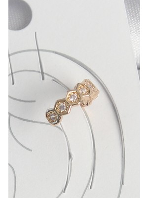 Shopzum Pirinç Gold Renk Zirkon Taşlı Bal Peteği Model Kadın Kıkırdak Küpe
