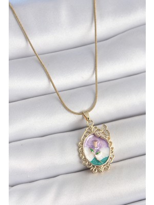 Shopzum 316L Çelik Gold Renk Zincir Mix Renk Mineli Çiçek İşlemeli Zirkon Taş Detaylı Portre Model Kadın Kolye