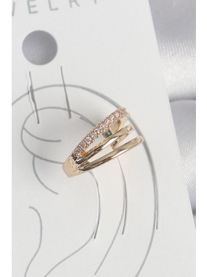 Shopzum Pirinç Gold Renk Zirkon Taşlı 3'lü Sıralı Model Kadın Kıkırdak Küpe