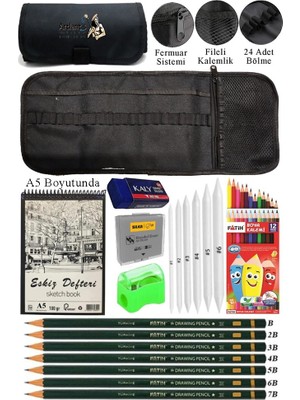 A5 Telli Eskiz Defteri Spiralli Rulo Kalemlik Siyah 24 Bölmeli 12 Renk Kuruboya Dereceli Kalem Hamur Silgi Resim Sanat