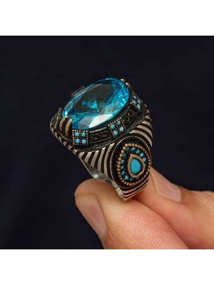 Gümüş Mavi Fasetli Taşlı Erkek Yüzük