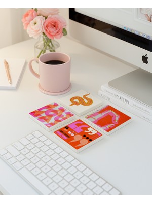 Retro Pembe Desenli Doğal Taş Bardak Altlığı, Ofis Masa Dekoru, 4 Adet