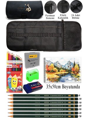 Resim Defteri 35X50 cm 12 Renk Kuru Boya Dereceli Kurşun Kalem Rulo Kalemlik 24 Bölmeli Hamur Silgi Kalemtraş Görsel