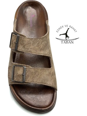 Sermoda Çift Toka Ayarlanabilir Genişlik Esnek Rahat Deri Erkek Terlik 25103 Vizon