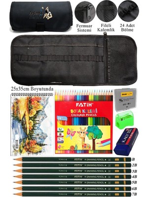 Resim Defteri 25X35 cm 24 Renk Kuru Boya Dereceli Kurşun Kalem Rulo Kalemlik 24 Bölmeli Hamur Silgi Kalemtraş Görsel
