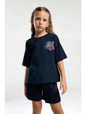 U.s. Polo Assn. 2072 Garson Çiçek Desenli Kız Çocuk Lacivert Bisiklet Yaka Kısa Kollu Şort  Pijama Takım