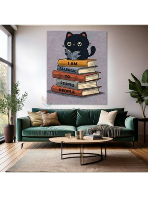 Sevimli Kedicik ve Kitapları Kanvas Tablo Modeli Kedi Tablosu