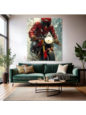 Kırmızı Motorcu Kanvas Tablo Modern Genç Odası Tablosu Motor Tablosu