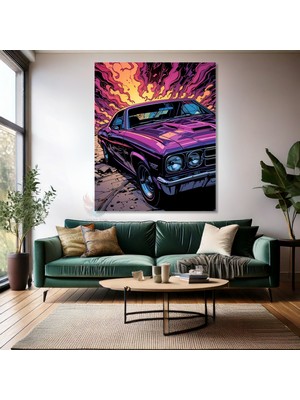 Mor Klasik Spor Araba ve Renkli Duman Kanvas Tablo Modern Duvar Araba Tablosu