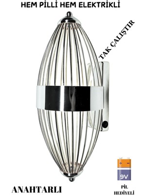 Beyzbol Pilli Aplik, Anahtarlı, Pilli Elektrikli 2'si 1 Arada, Ledli Duvar Aplik, Gece Lambası