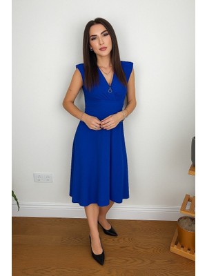 Passense Kadın Kısa Kollu Kruvaze Yakalı Bel Korsajı Buzgulu Midi Janjan Krep Elbise