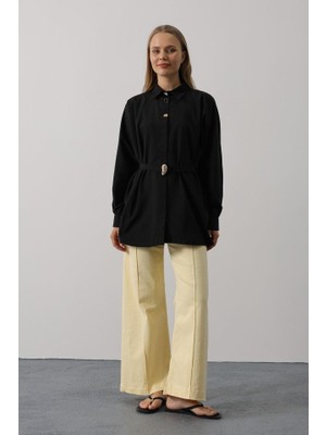 Gökyüzü Moda Kuşak Detaylı Tunik Gömlek - Siyah