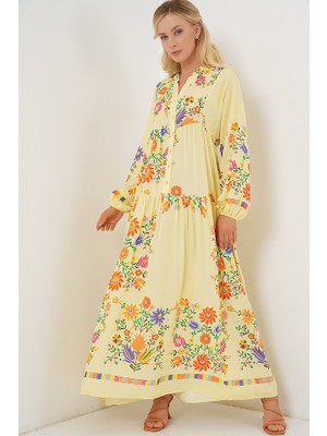 Alinn Butikk 2423 Otantik Desenli Tesettür Elbise - A.sarı