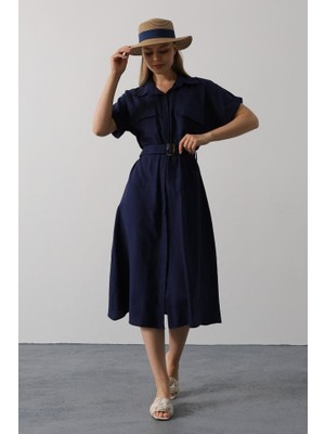 La Mode Istanbul Kuşaklı Cep Detaylı Yarım Kol Elbise - Lacivert