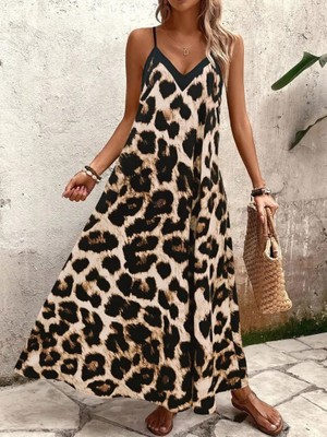 Arben Boutique Kadın Ip Askılı Geniş V Yakalı Leopar Desenli Süprem Elbise