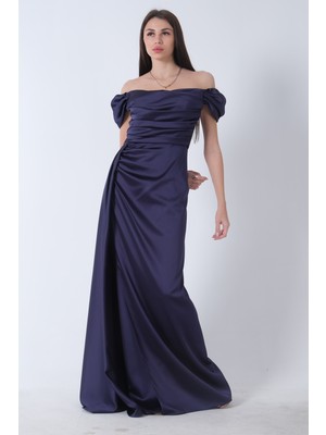 Feminist Lacivert Saten Kumaş Abiye Elbise Kayık Yaka Maxi Boy Kadınlar İçin