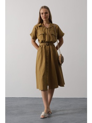 La Mode Istanbul Kuşaklı Cep Detaylı Yarım Kol Elbise - Yağ Yeşili