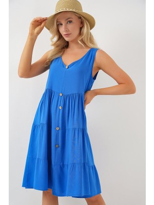 Arben Boutique Sıfır Kol Düğmeli Kısa Elbise 2571 - Saks