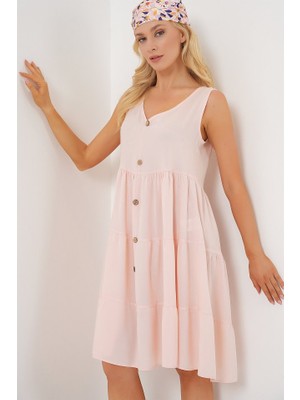 Passense Sıfır Kol Düğmeli Kısa Elbise 2571 - Pudra