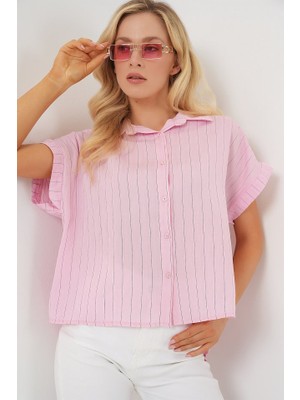 Gökyüzü Moda Çizgili Kısa Kol Gömlek 20327 - Pembe