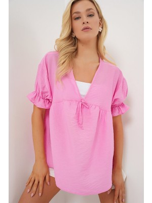 Arben Boutique Önü Bağcıklı Kısa Kol Bluz 962 - Pembe