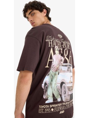 DeFacto %100 Pamuk Initial D Boxy Fit Bisiklet Yaka Sırt Baskılı Kısa Kollu Tişört F4291AX25SM