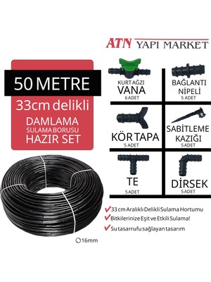 50 Metre 33CM Delikli Damlama Sulama Borusu Hortumu Seti – 16MM Bahçe Sulama Ek Parçalar