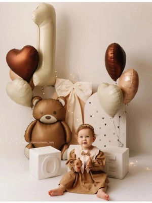 Krem 1 Yaş Folyo Balon Ayı Folyo Balon Kahve Kalpli Folyo Balon Doğum Günü Parti Seti Süsü